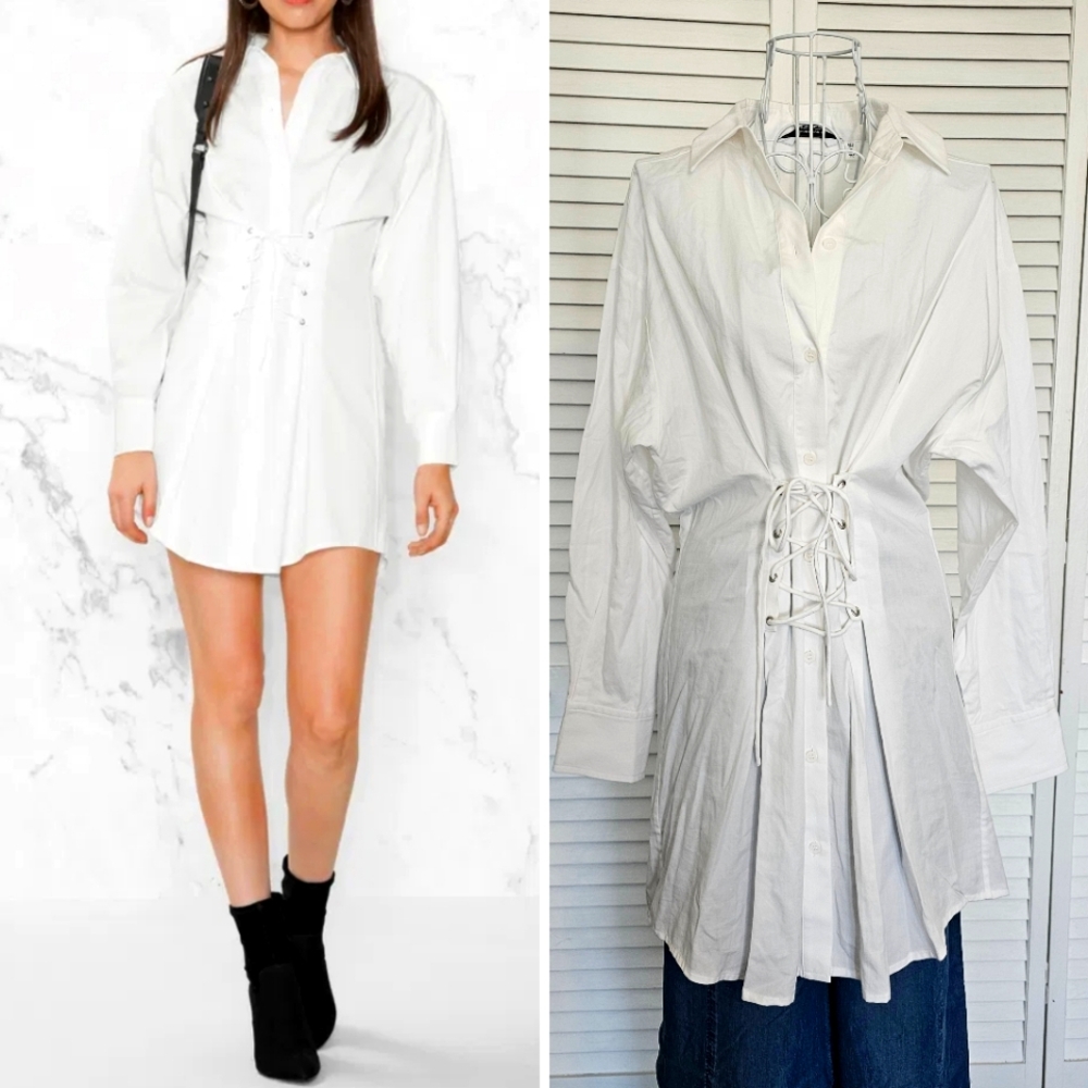 NWT & Other Stories White Lace-Up Corset Effect Shirt Dress Size 10 Ling Sleeves